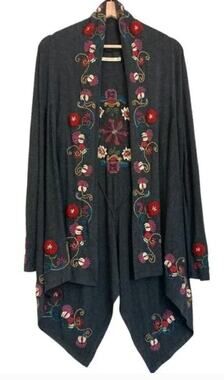 Caite Women's Gray Floral Embroidered Cardigan Duster Size 2X